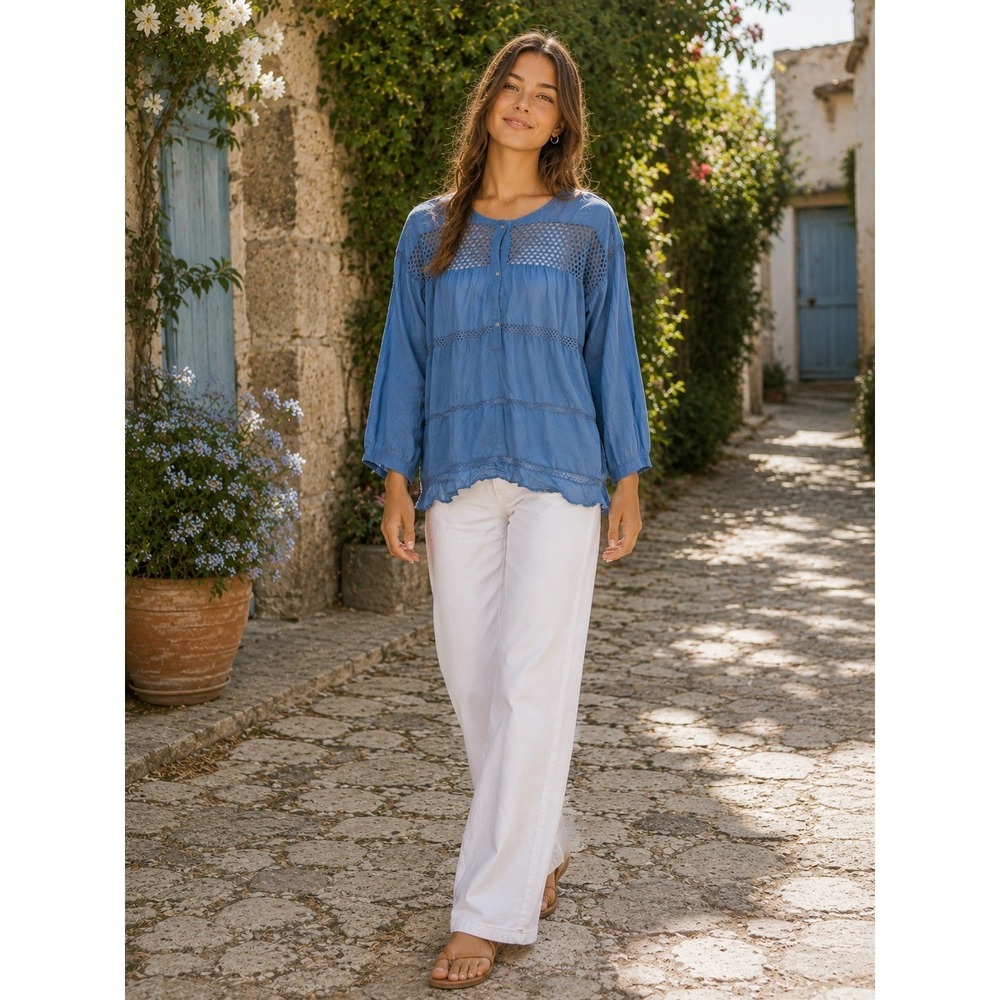 Isabel Marant Size 36 Blue Boho Peasant Blouse Crochet‎ Lace Yoke Tiered Top